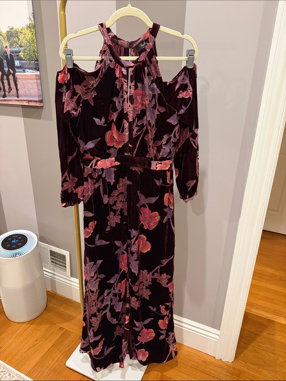 Cold-Shoulder Velvet Maxi Dress in Burgundy Floral